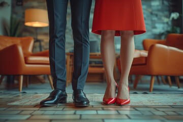 Close-up of the legs of a woman in a red dress and a man in black sharing a romantic moment outdoors.