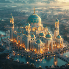 Panoramic Exterior of Sheikh Zayed Mosque with lights during blue hour