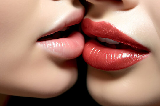Lesbian kiss. Women's mouths with lipstick kissing