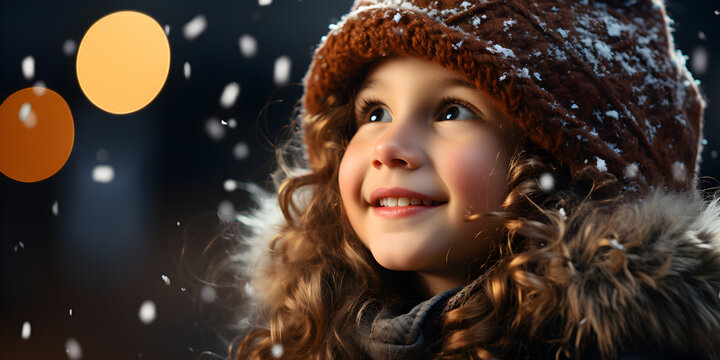 Little girl in woolen hat looking up at snow
