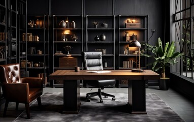 Industrial Style Office Interior with Dark Wood and Black Metallic Elements