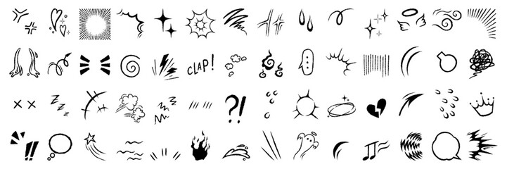 Set of hand drawn manga emotion effects. Markers drawing anime elements, including speech bubble, stars, arrows, fire. Vector doodle icon.