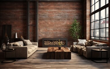 Spacious and Modern Loft Living Room With Industrial Charm and Exposed Brick Walls