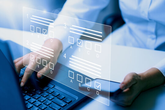   E-learning, education, online exam concept.Choose correct answer. Education internet online digital technology concept.