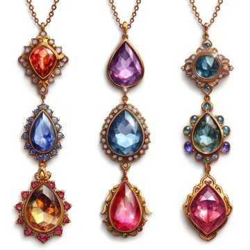 Beautiful Jewelry Made Precious Stones On White Background, Illustrations Images