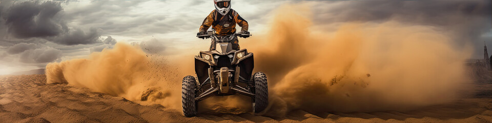 Rider on quad bike in dust path. Desert rider in action.