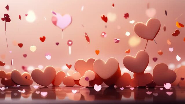 Group of hearts floating in the air on the peach fuzz background