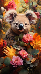 a cute koala staring at the viewer, amidst blooming yellow flowers in a misty morning landscape. Wildlife Conservation. Australia's tourist spots