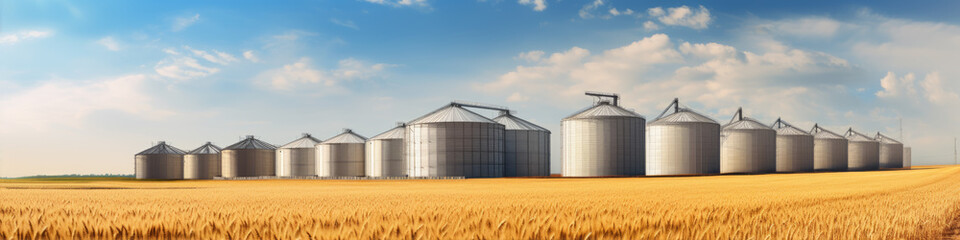 Fototapeta na wymiar Grain silos in farm field. Agricultural silo or container for harvested grains.
