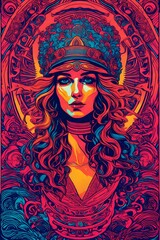 Fototapeta premium a vintage retro psychedelic black light concert gig band music poster featuring a woman greek goddess