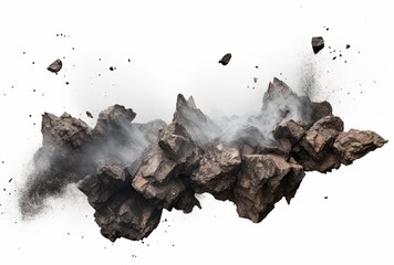 The rocks collide with each other and break until dust is scattered on the white background.