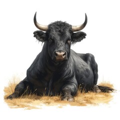 Black Bull Lies On Field On White Background, Illustrations Images