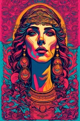 a vintage retro psychedelic concert gig band music poster featuring a woman greek goddess