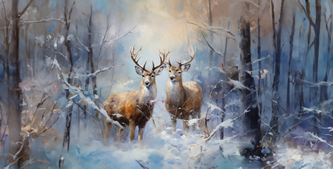 deer in the woods, two deer loving each other decorated with low branches