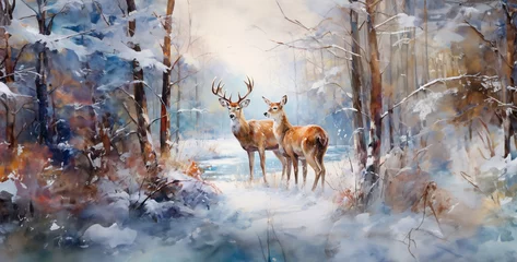 Fotobehang deer in the snow, two deer loving each other decorated with low branches © Your_Demon