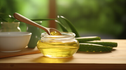 Aloe vera leaf with aloe vera gel and honey on wooden table with green nature background.AI generated