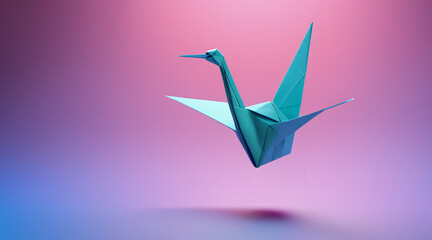 Beautiful origami crane bird in front of a pastel-colored background.Ai generated © gigello