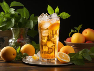 Fototapeta premium Refreshing iced peach tea with peach slices and mint leaves. Ai generated