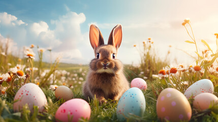 Cute baby rabbit in a field of flowers.Easter concept background.Ai generated