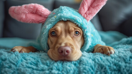 Cute dog in pink and green easter bunny costume (AI generated)