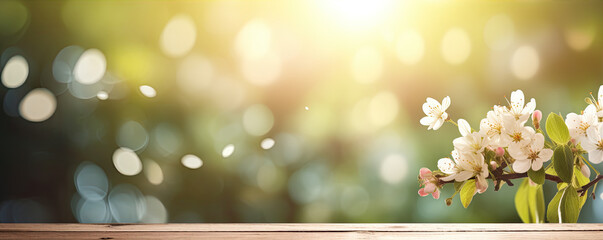 Spring blossom and empty wooden table.  Flowers decoration banner,