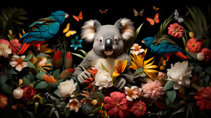 A koala, surrounded by brightly colored flowers and parrots, on a dark background. Wildlife Conservation. Popular tourist destinations in Australia. Abstract background with animals