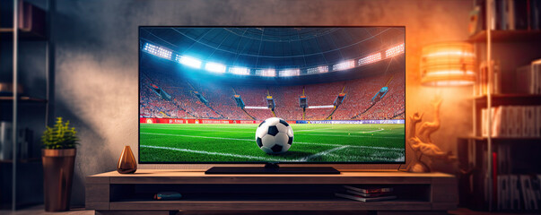 Big Flat Televison with soccer match in modern living room. - obrazy, fototapety, plakaty
