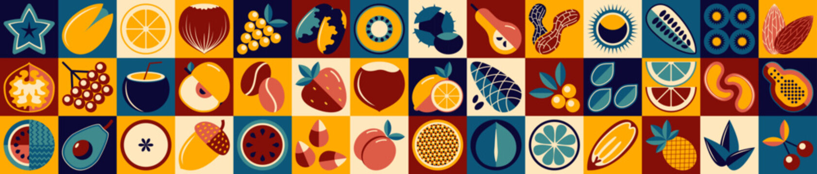 Spring fruits, nuts and seeds mosaic pattern. Scandinavian geometric style. Eco agriculture concept. Abstraction.