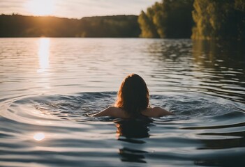 woman swimming in the water with trees surrounding her head and neck