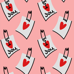Notes on paper I love you doodle pattern. A cute message taped to it . Handwritten abbreviated text in the shape of a heart. Vector doodle illustration in white, black and red colors. Valentine's Day