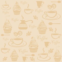 Seamless coffee wallpaper. Vintage restaurant menu. Food and drink seamless doodles pattern. Good for textile fabric design, wrapping paper, website wallpapers, textile, wallpaper. illustration