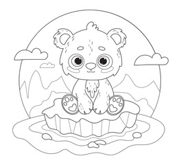 Cute little polar bear on ice floe. Vector illustration. Line drawing, coloring book. Kids collection. Holiday Polar Bear Day.