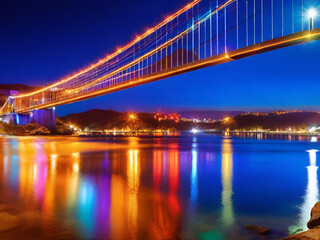 A modern suspension bridge illuminated by colorful lights, reflected in the shimmering waters below.