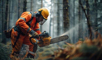 Action shots of lumberjack in orange suit and safety helmet cutting the trees with chainsaw in the amazing forrest.
