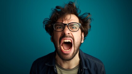 AI generated illustration of angry man with spectacles shouting loudly - obrazy, fototapety, plakaty