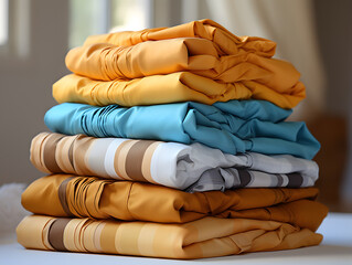 A stack of different colored shirts on transparent background