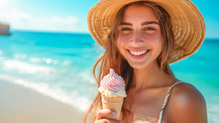 Beautiful young girl in a straw hat eating ice cream on a hot day at the beach