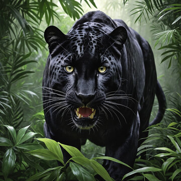 Majestic ferocious Panther in the jungle, black animal in the jungles.