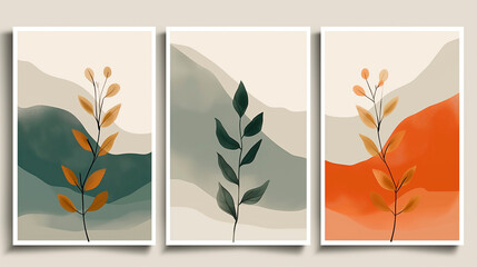 Illustration of plants of different shapes and colors. Watercolor painting style.