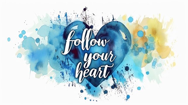 Follow your heart - calligraphy lettering motivational and inspirational message on abstract painted background. Paint splashes with abstract heart symbol.