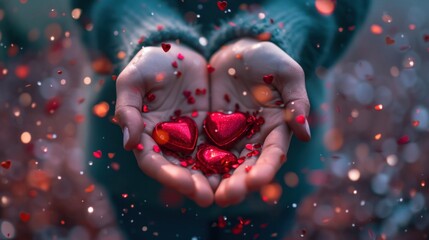 Closeup of woman hands holding Valentine's day small hearts. Romantic holiday concept.