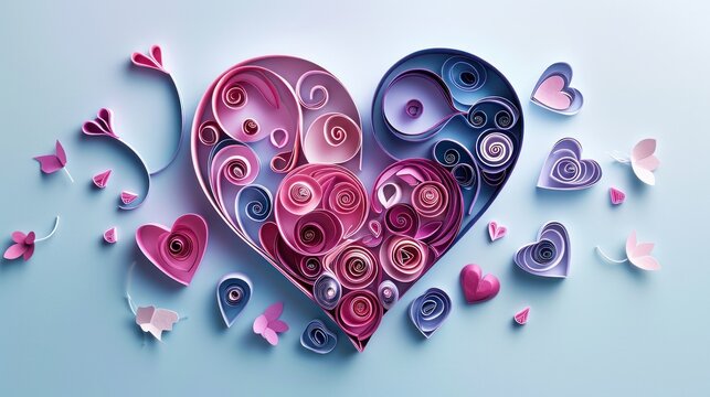 Valentine's day holiday abstract hearts made from quilling. Romantic holiday greeting card concept.
