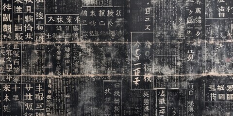 Generative AI, vintage grunge Japanese calligraphy letters collage black background. Different textures and shapes