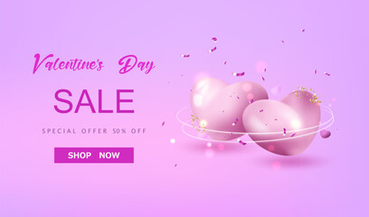 Happy Valentine's Day sale banner vector. Love card on violet background with 3d balloon hearts and confetti. 14 February illustration.