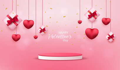Happy Valentine's Day holiday sale vector with podium. Greeting love card on pink background with 3d hearts and gift boxes. 14 February love discount illustration.
