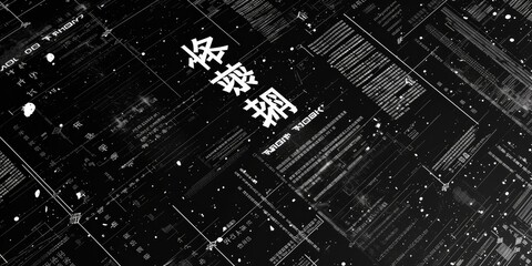 Fototapeta premium Generative AI, vintage grunge Japanese calligraphy letters collage black background. Different textures and shapes