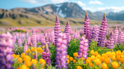 Lupines against a backdrop of snow-capped mountains