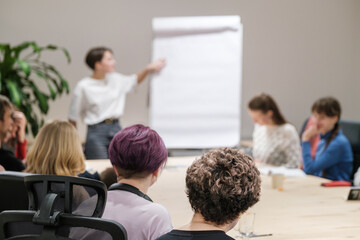 Rear view of attendees listening to a female presenter pointing at a flip chart during a business...