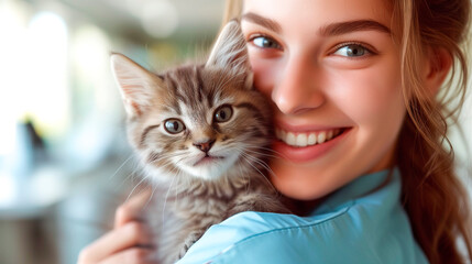 Little fluffy kitten in hands of veterinarian doctor. Copy space, veterinary clinic banner.
