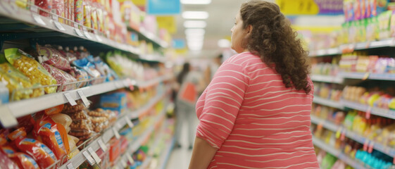 A woman in a striped shirt browses a grocery store aisle, a scene reflecting everyday shopping and choices impacting health and wellness